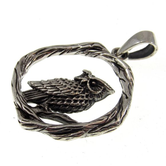 Solid 925 Sterling Silver Owl on Twisted Branches Pendant - Pagan/Wiccan Jewelry - Picture 6 of 7